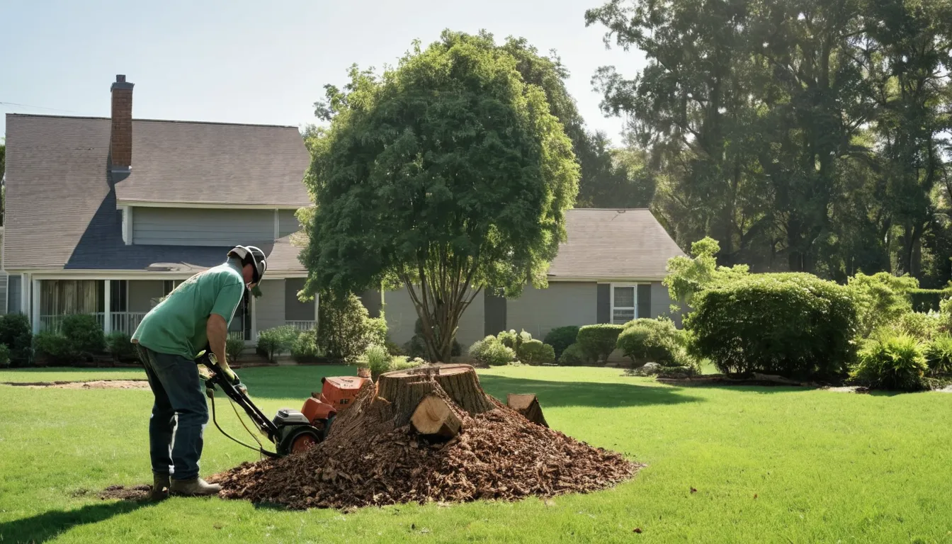 Independent stump grinding provider working in a residential backyard in Haymarket
