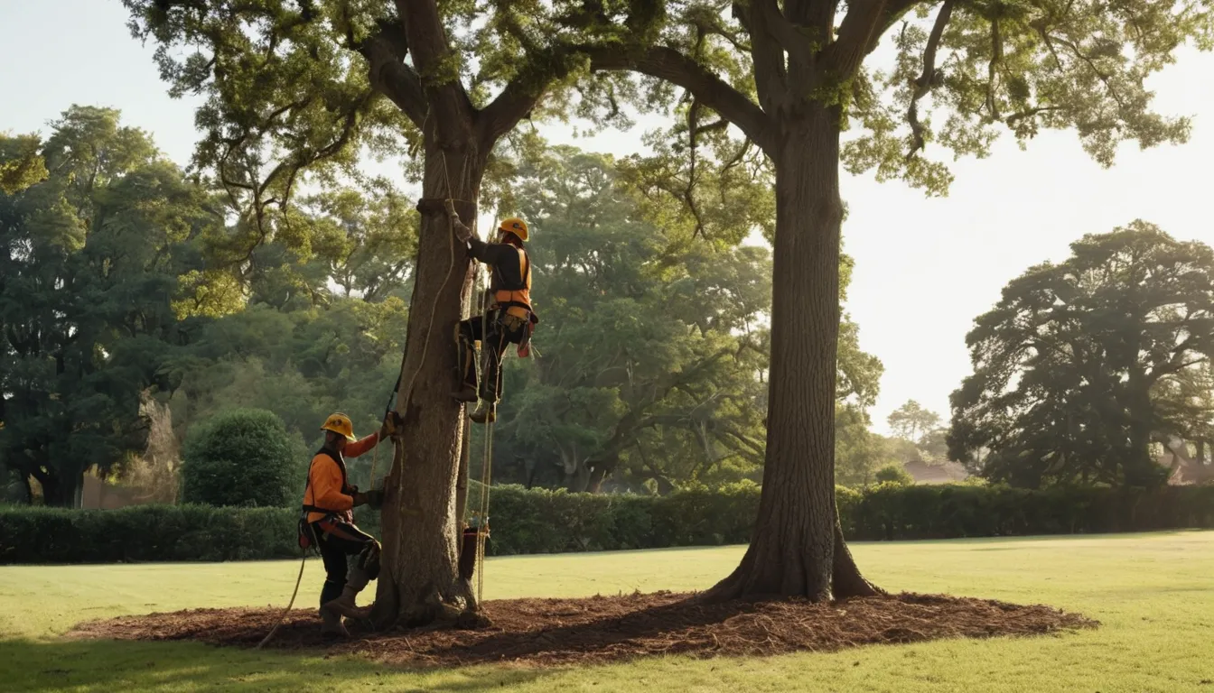 Provider crew safely removing a large tree beside a house in Haymarket